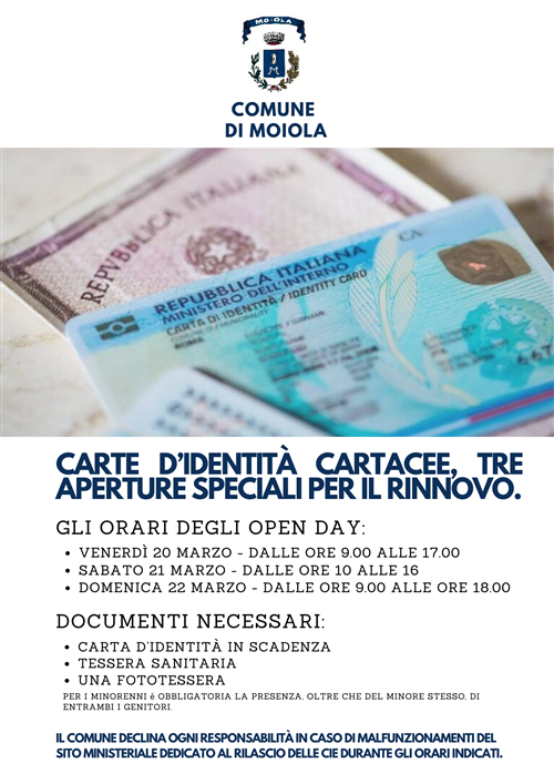 OPEN DAY - Carte d'identità cartacee, tre aperture speciali per il rinnovo
